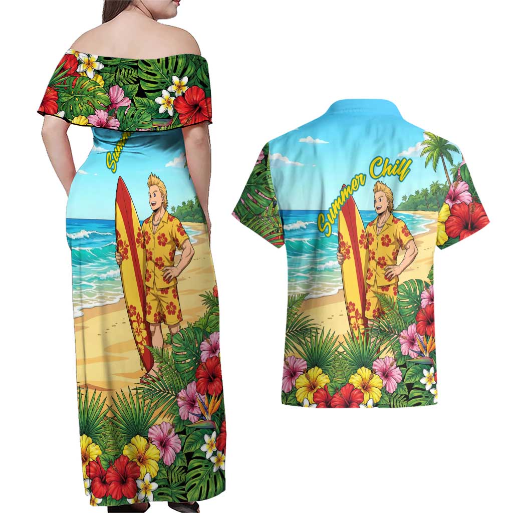 Mirio Togata Summer Chill Couples Matching Off Shoulder Maxi Dress and Hawaiian Shirt Tropical Anime Surf Scene