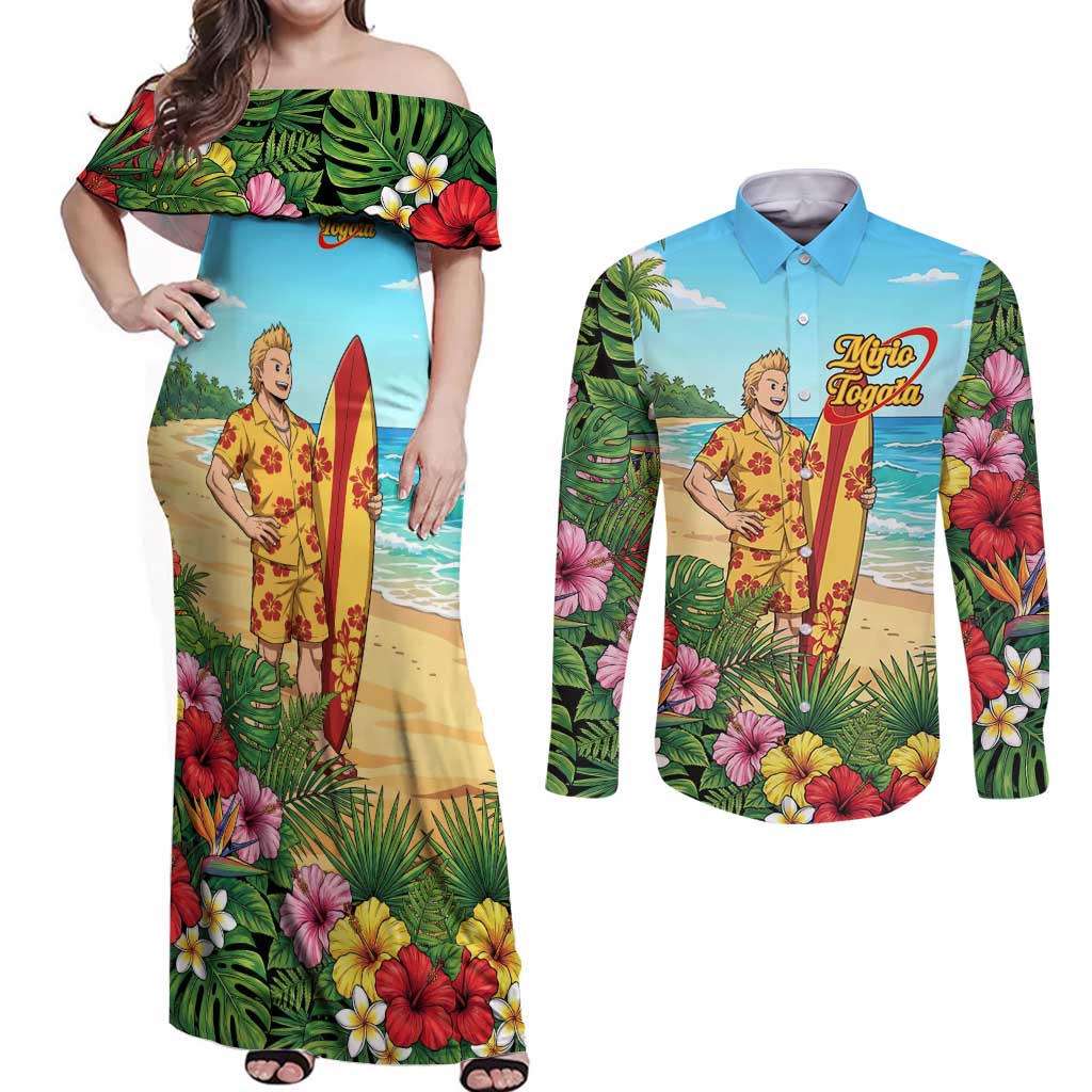 Mirio Togata Summer Chill Couples Matching Off Shoulder Maxi Dress and Long Sleeve Button Shirt Tropical Anime Surf Scene