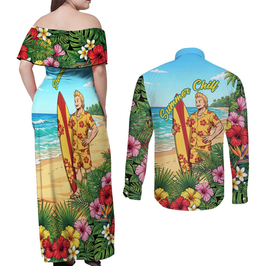 Mirio Togata Summer Chill Couples Matching Off Shoulder Maxi Dress and Long Sleeve Button Shirt Tropical Anime Surf Scene
