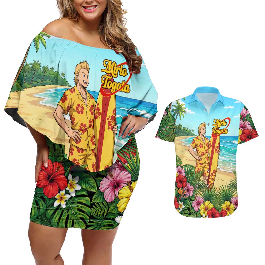 Mirio Togata Summer Chill Couples Matching Off Shoulder Short Dress and Hawaiian Shirt Tropical Anime Surf Scene