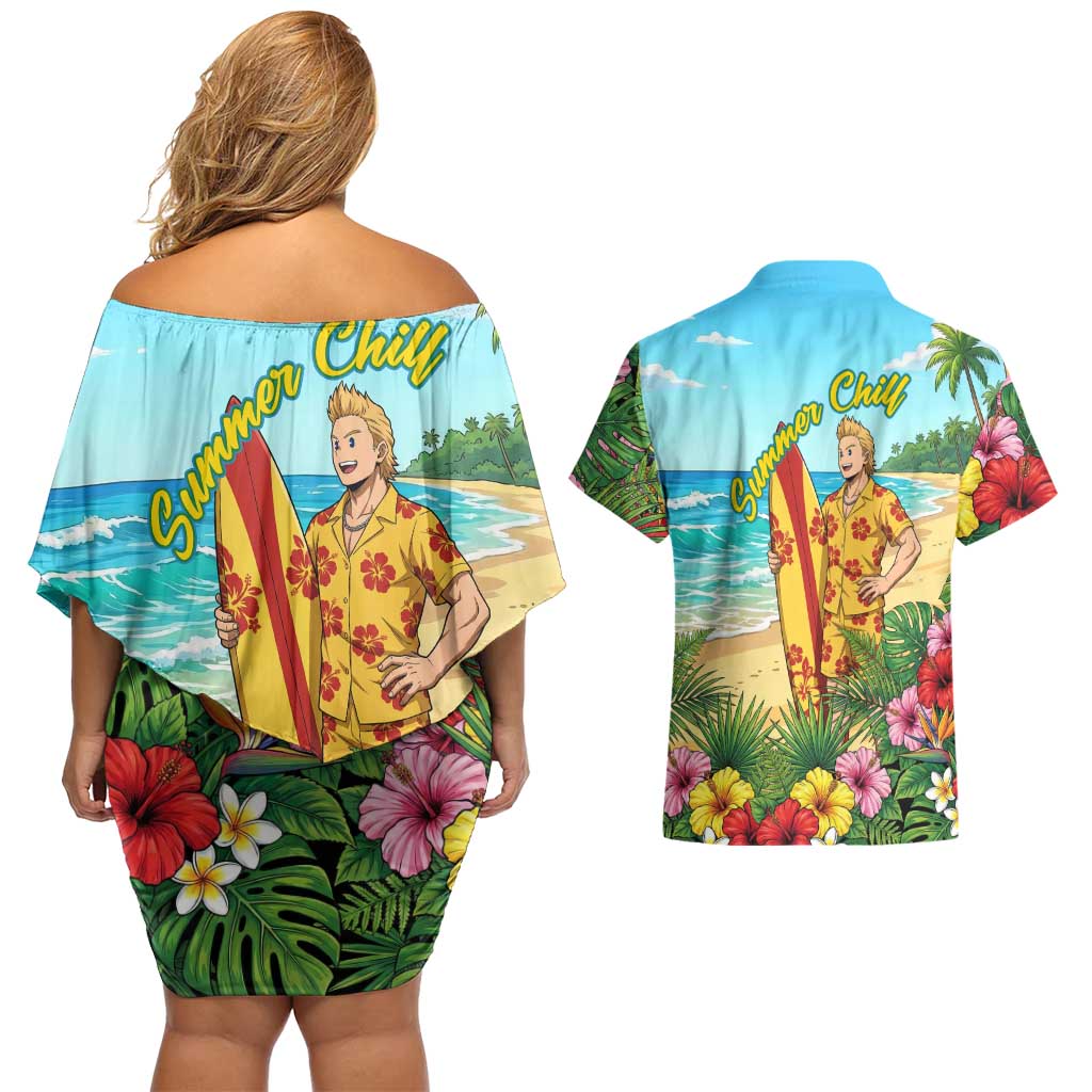 Mirio Togata Summer Chill Couples Matching Off Shoulder Short Dress and Hawaiian Shirt Tropical Anime Surf Scene