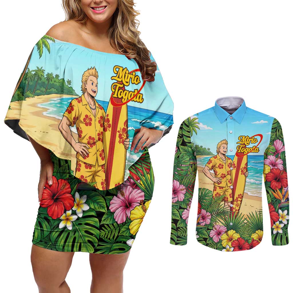 Mirio Togata Summer Chill Couples Matching Off Shoulder Short Dress and Long Sleeve Button Shirt Tropical Anime Surf Scene