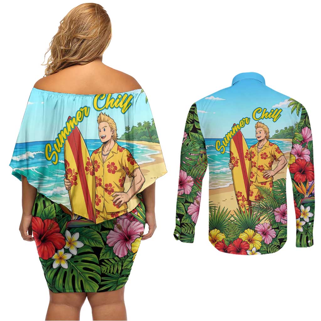 Mirio Togata Summer Chill Couples Matching Off Shoulder Short Dress and Long Sleeve Button Shirt Tropical Anime Surf Scene