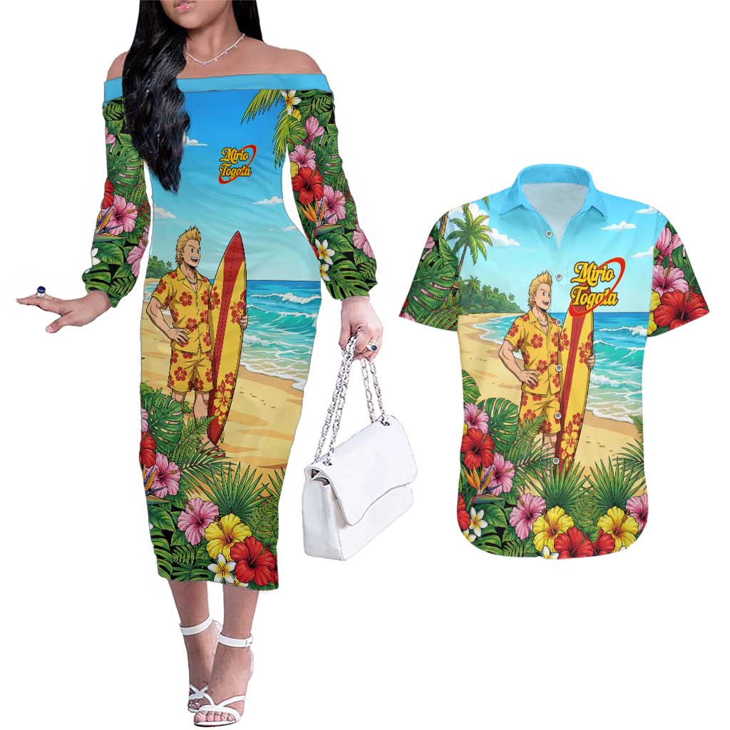 Mirio Togata Summer Chill Couples Matching Off The Shoulder Long Sleeve Dress and Hawaiian Shirt Tropical Anime Surf Scene