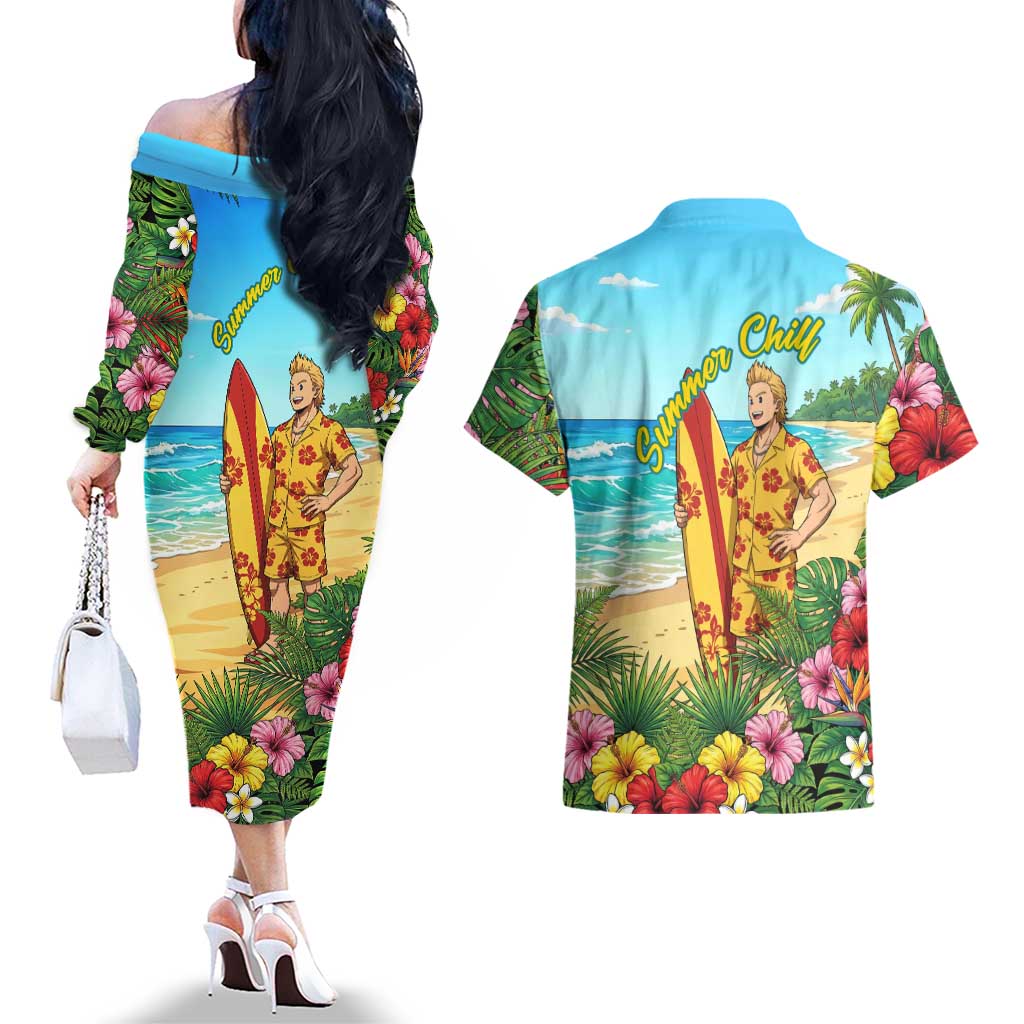 Mirio Togata Summer Chill Couples Matching Off The Shoulder Long Sleeve Dress and Hawaiian Shirt Tropical Anime Surf Scene