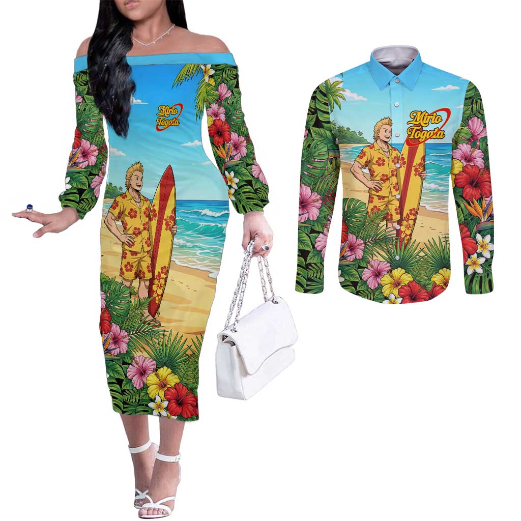 Mirio Togata Summer Chill Couples Matching Off The Shoulder Long Sleeve Dress and Long Sleeve Button Shirt Tropical Anime Surf Scene