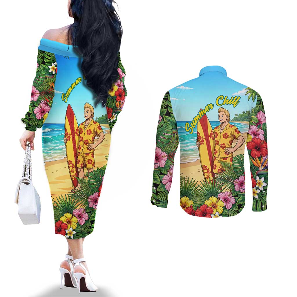 Mirio Togata Summer Chill Couples Matching Off The Shoulder Long Sleeve Dress and Long Sleeve Button Shirt Tropical Anime Surf Scene