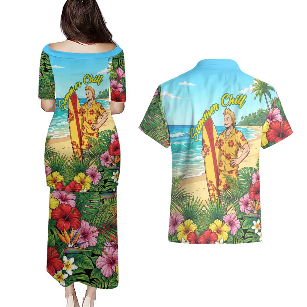 Mirio Togata Summer Chill Couples Matching Puletasi and Hawaiian Shirt Tropical Anime Surf Scene