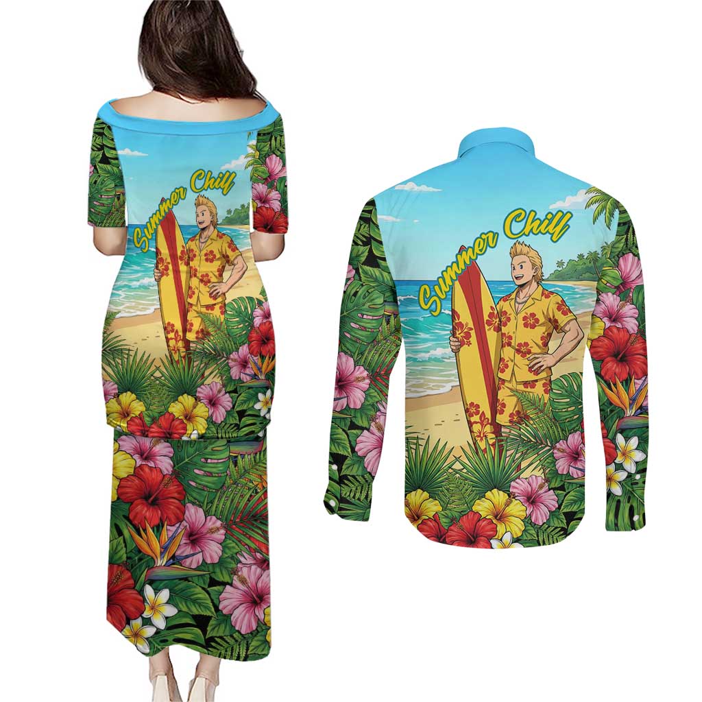 Mirio Togata Summer Chill Couples Matching Puletasi and Long Sleeve Button Shirt Tropical Anime Surf Scene