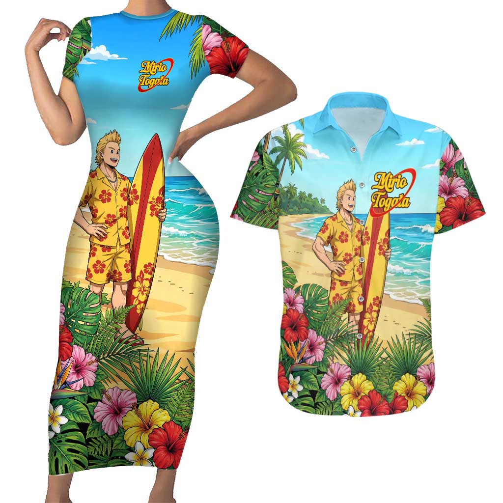 Mirio Togata Summer Chill Couples Matching Short Sleeve Bodycon Dress and Hawaiian Shirt Tropical Anime Surf Scene
