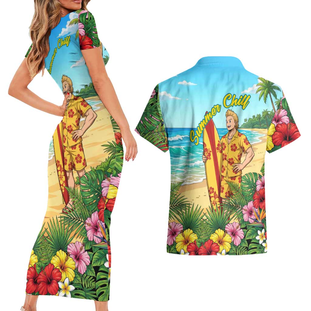 Mirio Togata Summer Chill Couples Matching Short Sleeve Bodycon Dress and Hawaiian Shirt Tropical Anime Surf Scene