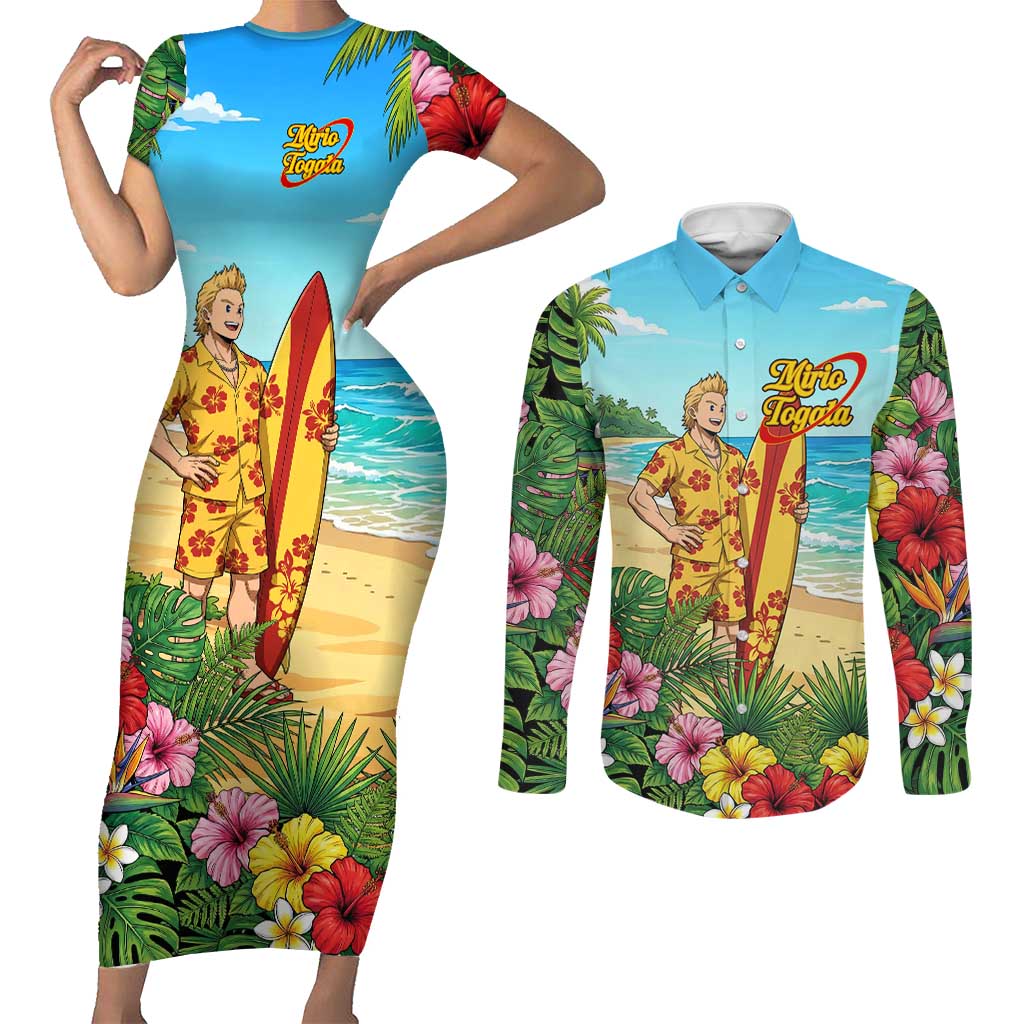 Mirio Togata Summer Chill Couples Matching Short Sleeve Bodycon Dress and Long Sleeve Button Shirt Tropical Anime Surf Scene