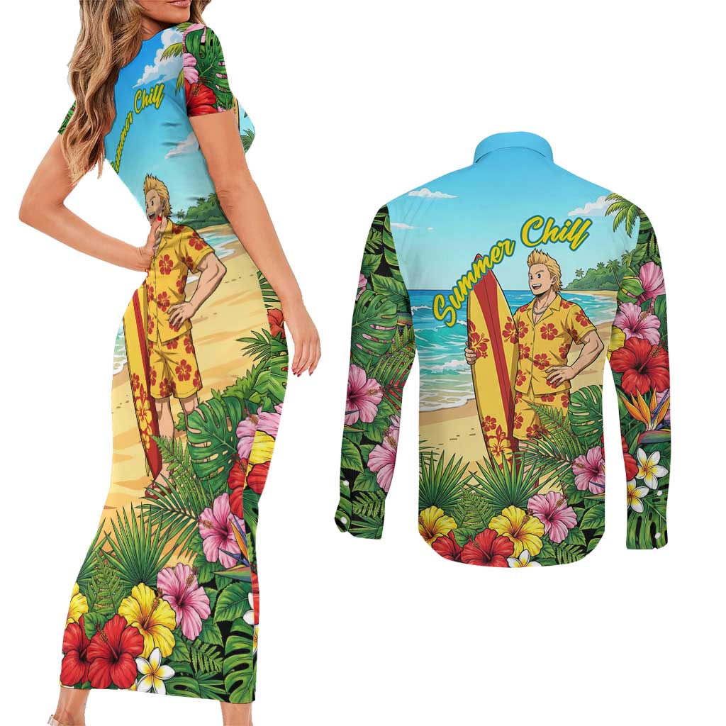 Mirio Togata Summer Chill Couples Matching Short Sleeve Bodycon Dress and Long Sleeve Button Shirt Tropical Anime Surf Scene