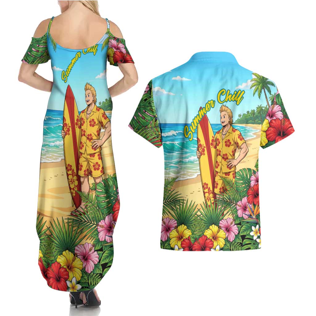 Mirio Togata Summer Chill Couples Matching Summer Maxi Dress and Hawaiian Shirt Tropical Anime Surf Scene