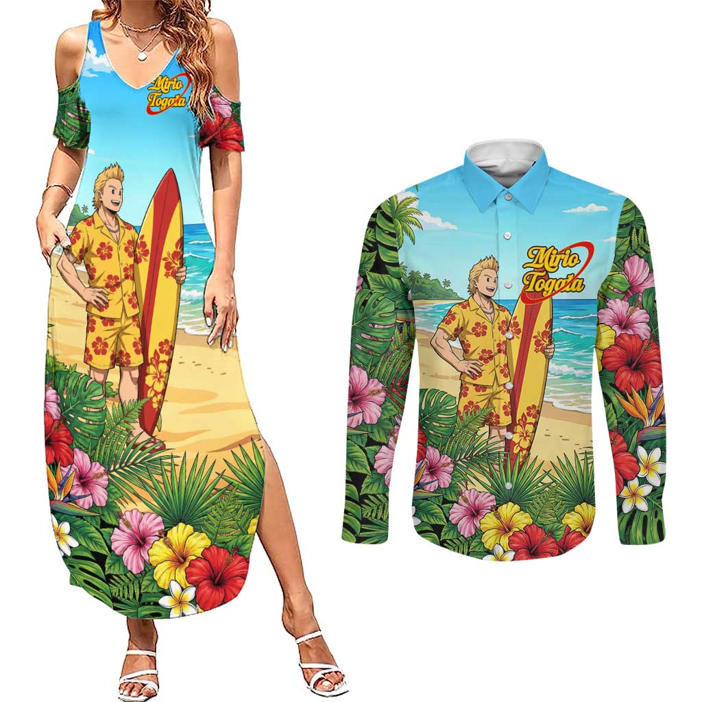 Mirio Togata Summer Chill Couples Matching Summer Maxi Dress and Long Sleeve Button Shirt Tropical Anime Surf Scene