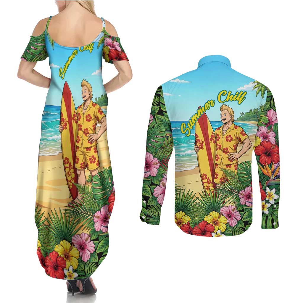 Mirio Togata Summer Chill Couples Matching Summer Maxi Dress and Long Sleeve Button Shirt Tropical Anime Surf Scene