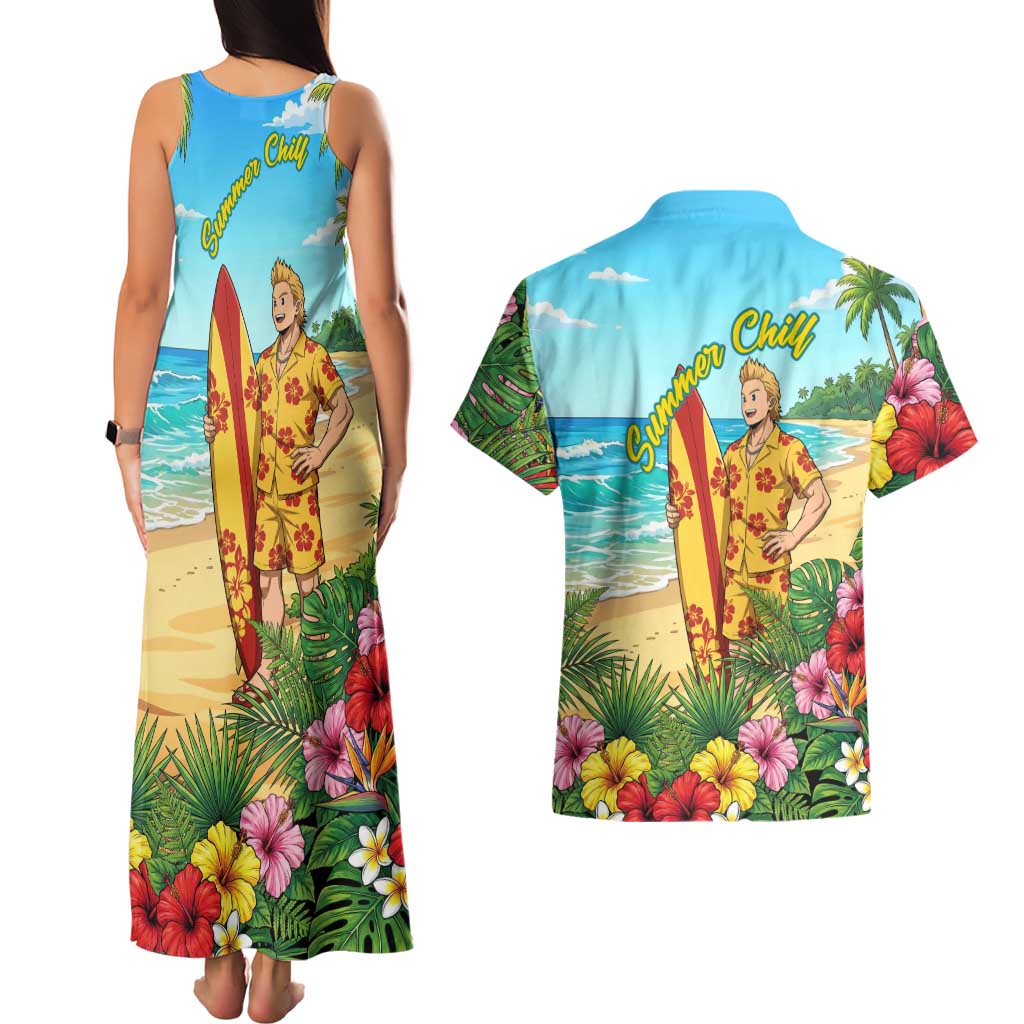 Mirio Togata Summer Chill Couples Matching Tank Maxi Dress and Hawaiian Shirt Tropical Anime Surf Scene