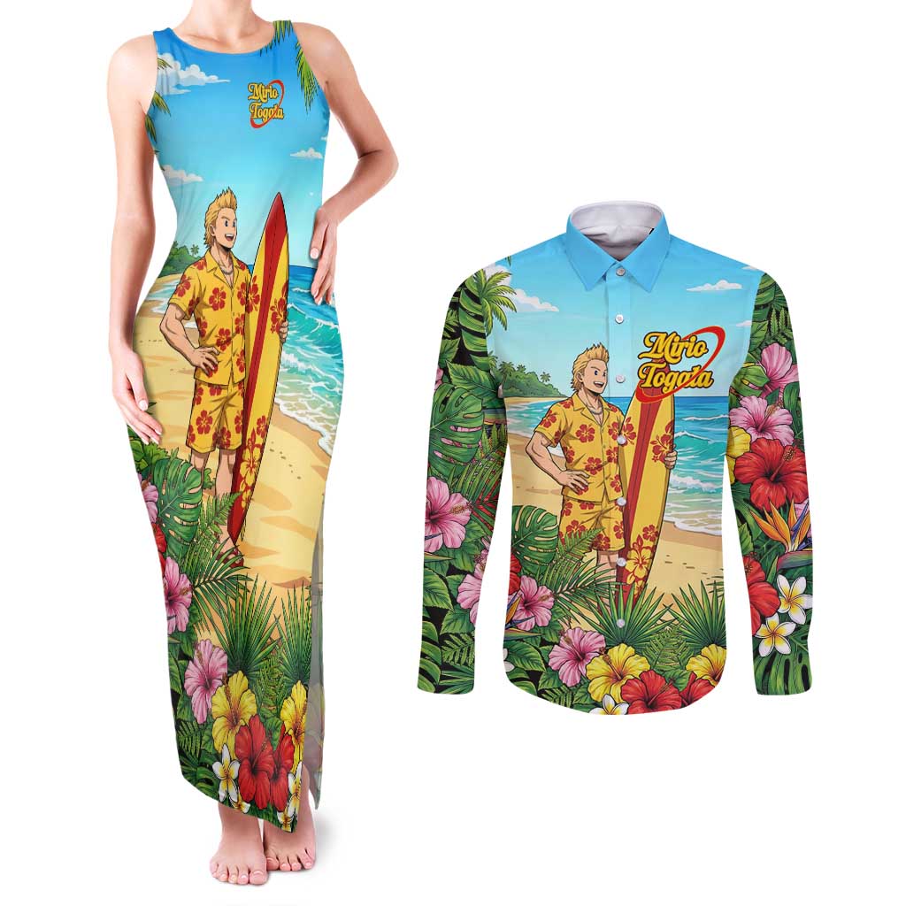 Mirio Togata Summer Chill Couples Matching Tank Maxi Dress and Long Sleeve Button Shirt Tropical Anime Surf Scene