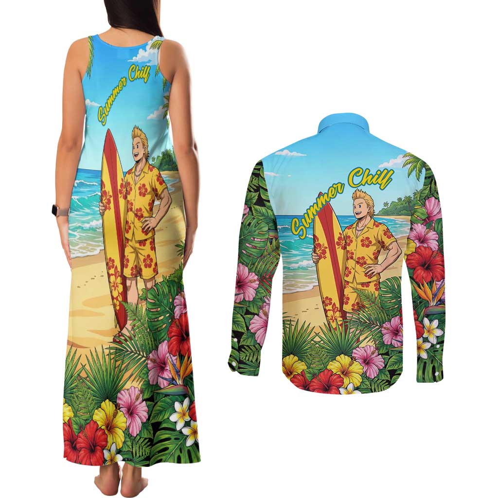 Mirio Togata Summer Chill Couples Matching Tank Maxi Dress and Long Sleeve Button Shirt Tropical Anime Surf Scene