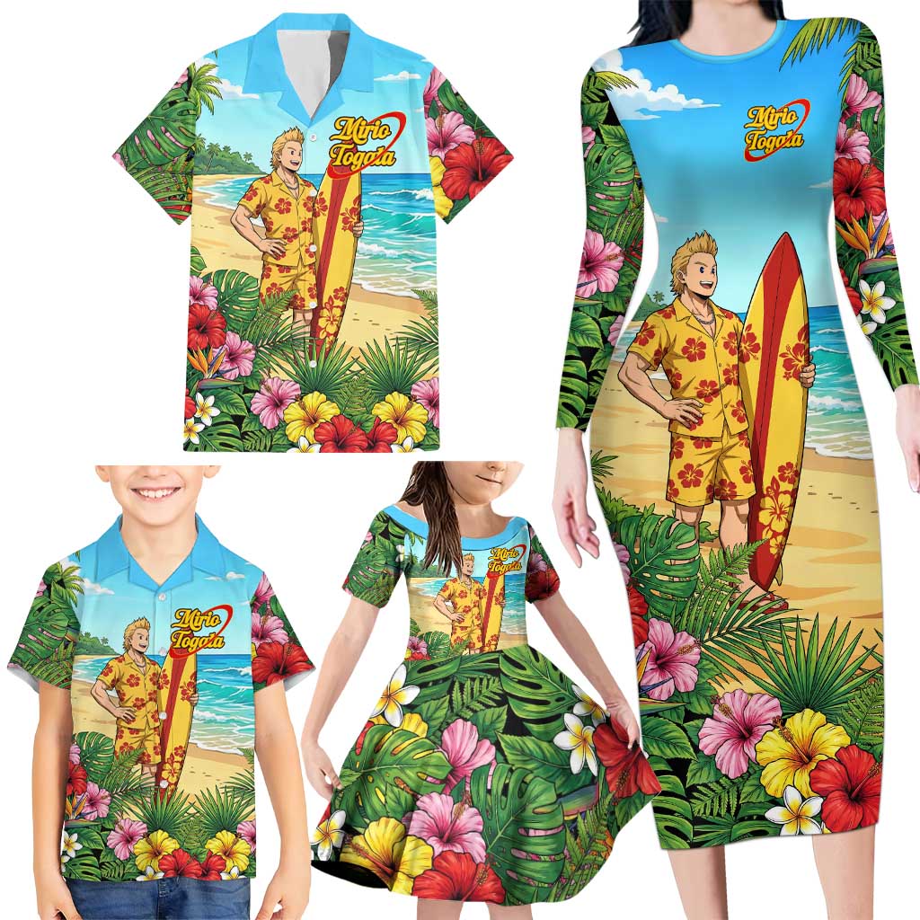 Mirio Togata Summer Chill Family Matching Long Sleeve Bodycon Dress and Hawaiian Shirt Tropical Anime Surf Scene
