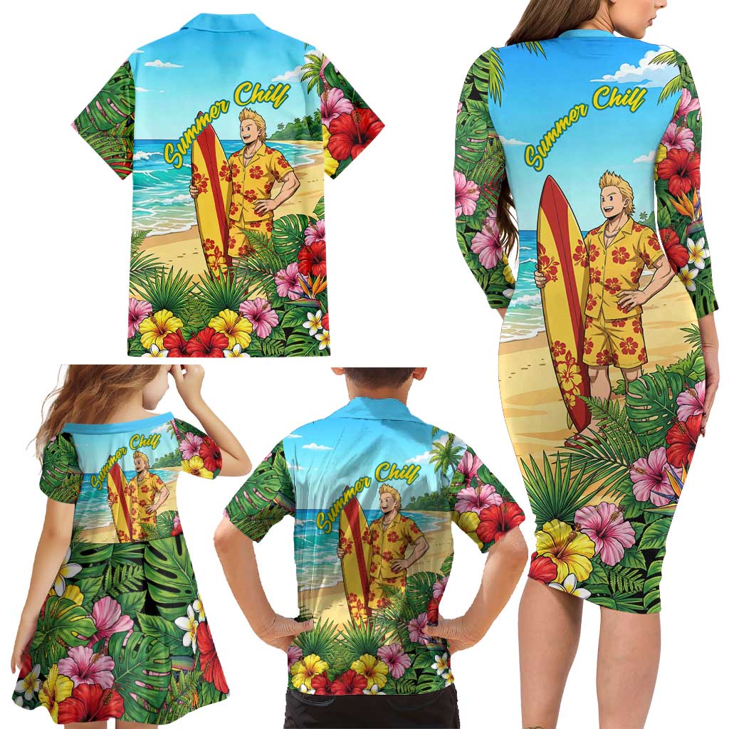 Mirio Togata Summer Chill Family Matching Long Sleeve Bodycon Dress and Hawaiian Shirt Tropical Anime Surf Scene