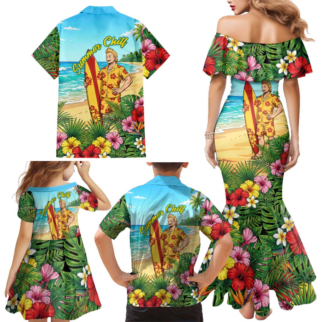 Mirio Togata Summer Chill Family Matching Mermaid Dress and Hawaiian Shirt Tropical Anime Surf Scene