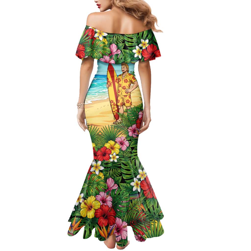 Mirio Togata Summer Chill Family Matching Mermaid Dress and Hawaiian Shirt Tropical Anime Surf Scene