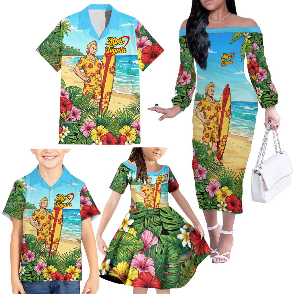 Mirio Togata Summer Chill Family Matching Off The Shoulder Long Sleeve Dress and Hawaiian Shirt Tropical Anime Surf Scene