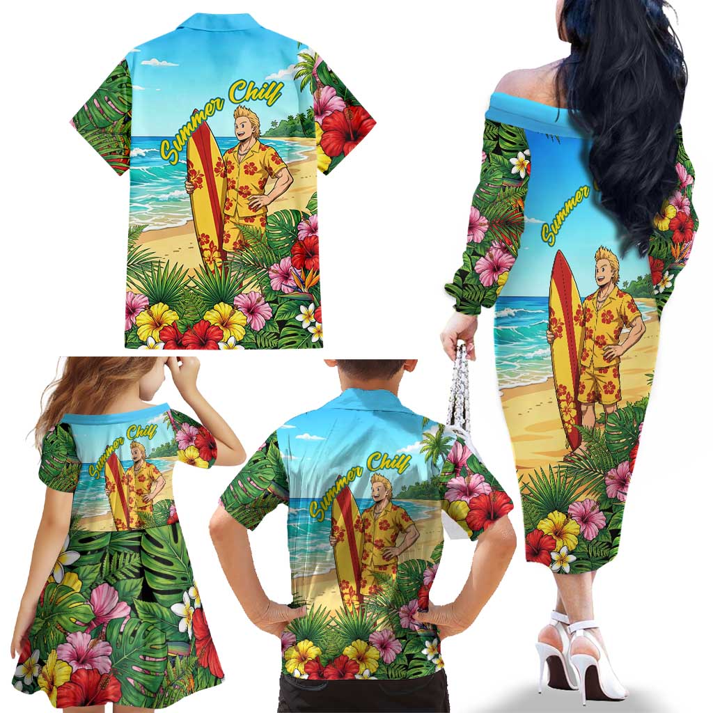 Mirio Togata Summer Chill Family Matching Off The Shoulder Long Sleeve Dress and Hawaiian Shirt Tropical Anime Surf Scene