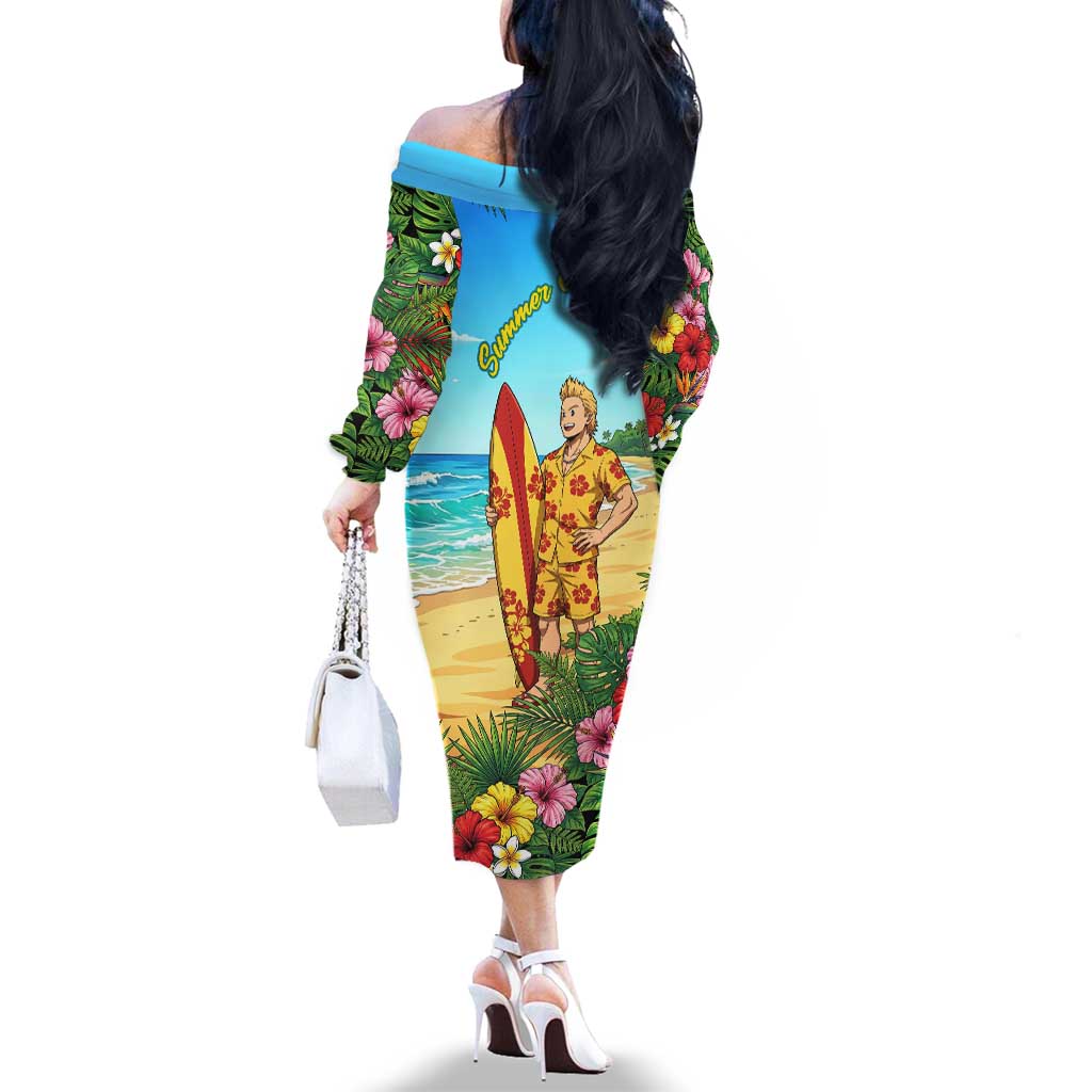 Mirio Togata Summer Chill Family Matching Off The Shoulder Long Sleeve Dress and Hawaiian Shirt Tropical Anime Surf Scene
