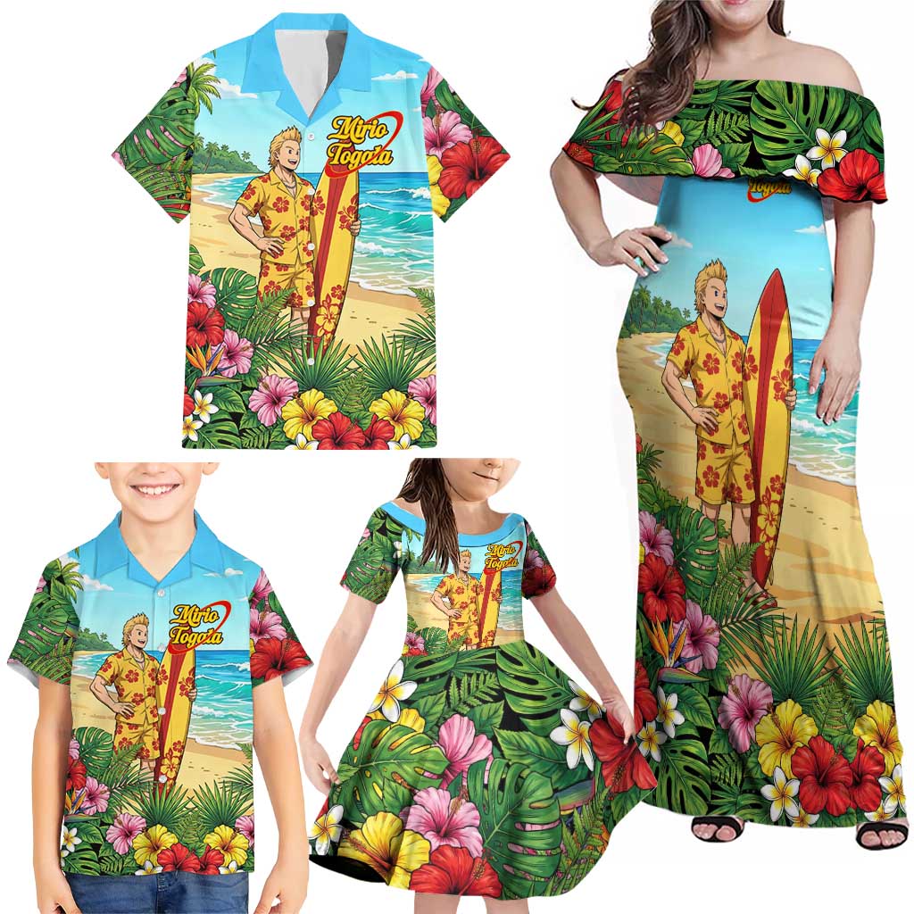 Mirio Togata Summer Chill Family Matching Off Shoulder Maxi Dress and Hawaiian Shirt Tropical Anime Surf Scene