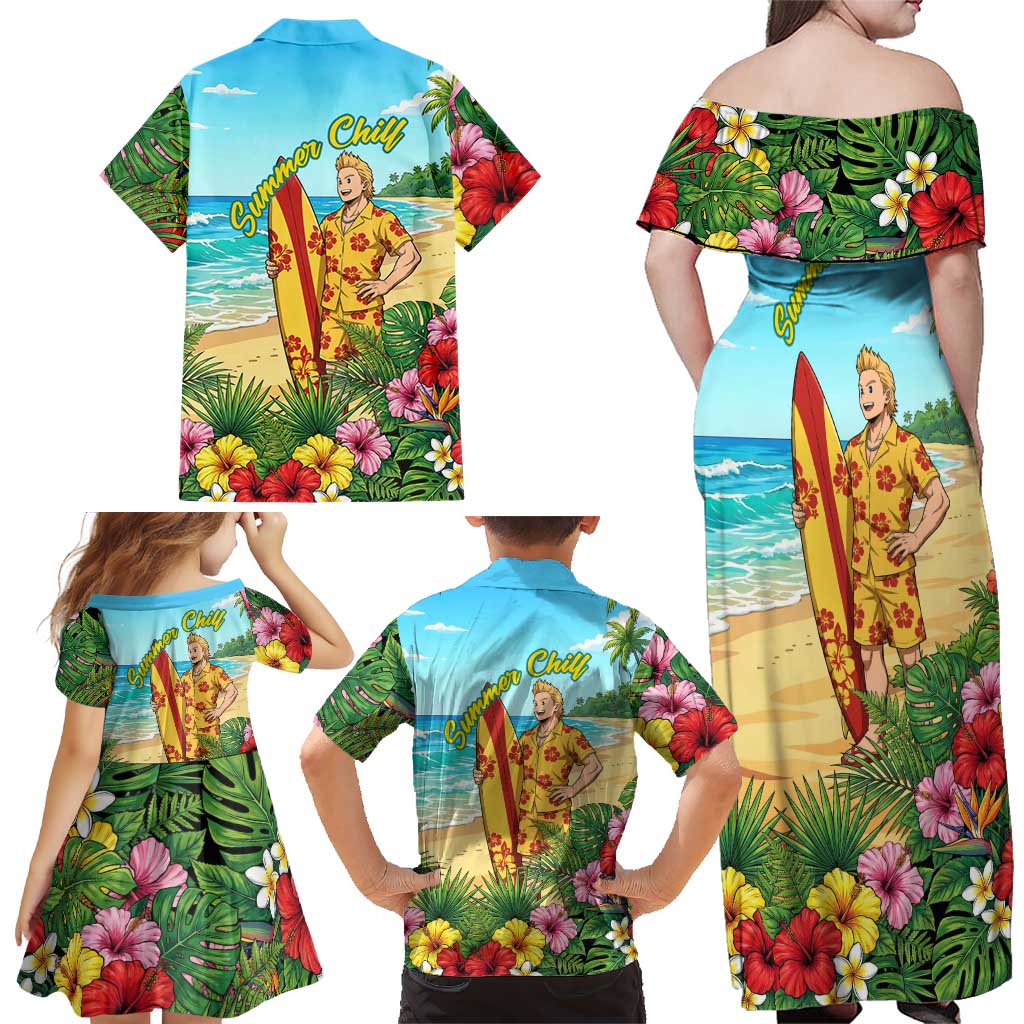 Mirio Togata Summer Chill Family Matching Off Shoulder Maxi Dress and Hawaiian Shirt Tropical Anime Surf Scene