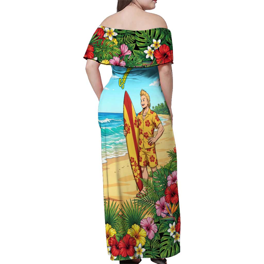 Mirio Togata Summer Chill Family Matching Off Shoulder Maxi Dress and Hawaiian Shirt Tropical Anime Surf Scene