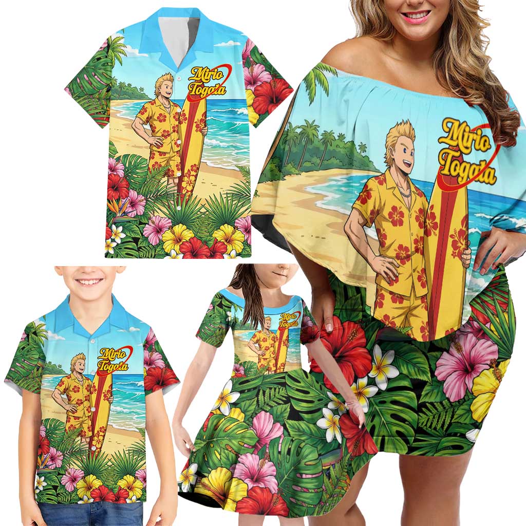 Mirio Togata Summer Chill Family Matching Off Shoulder Short Dress and Hawaiian Shirt Tropical Anime Surf Scene