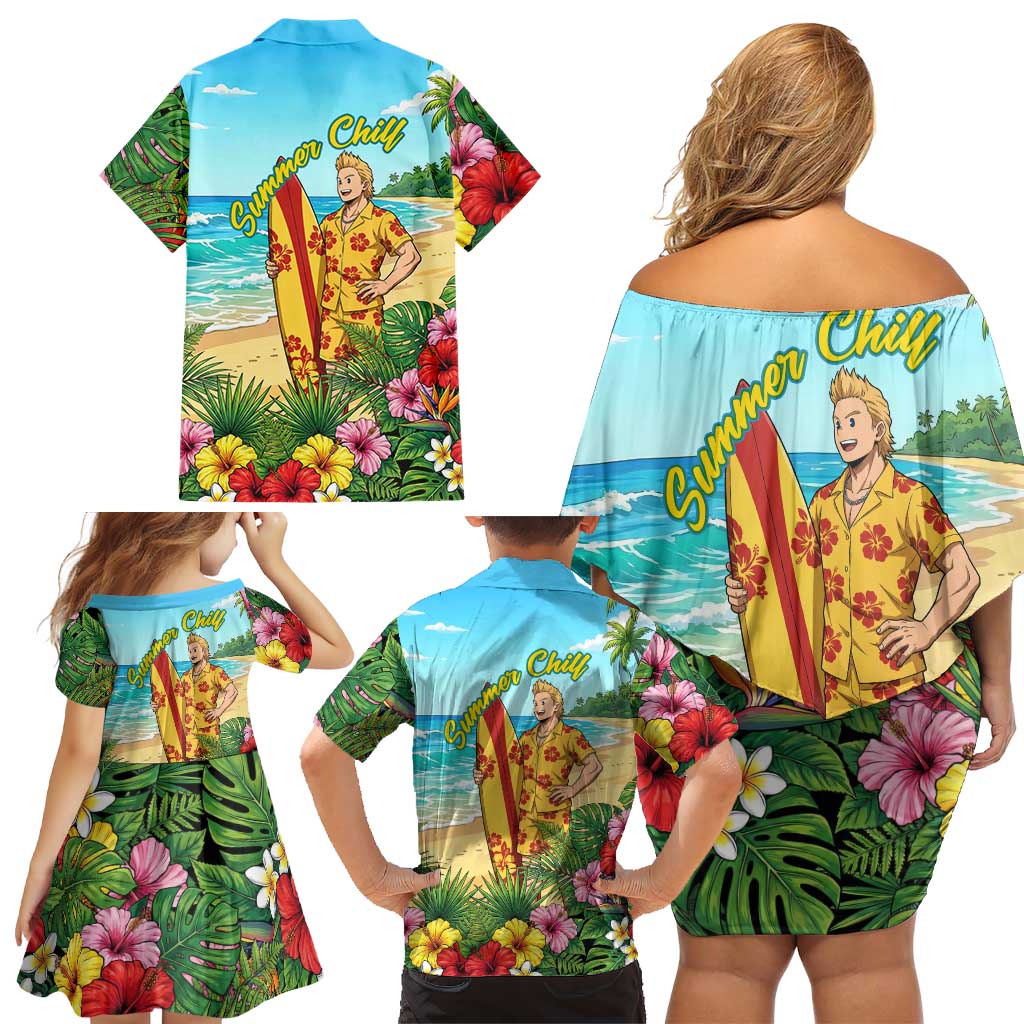Mirio Togata Summer Chill Family Matching Off Shoulder Short Dress and Hawaiian Shirt Tropical Anime Surf Scene