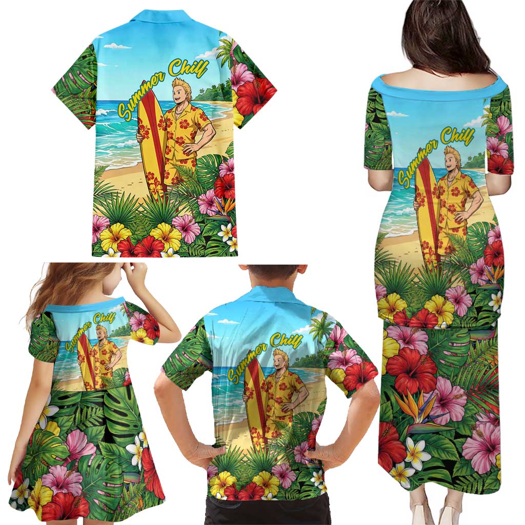 Mirio Togata Summer Chill Family Matching Puletasi and Hawaiian Shirt Tropical Anime Surf Scene