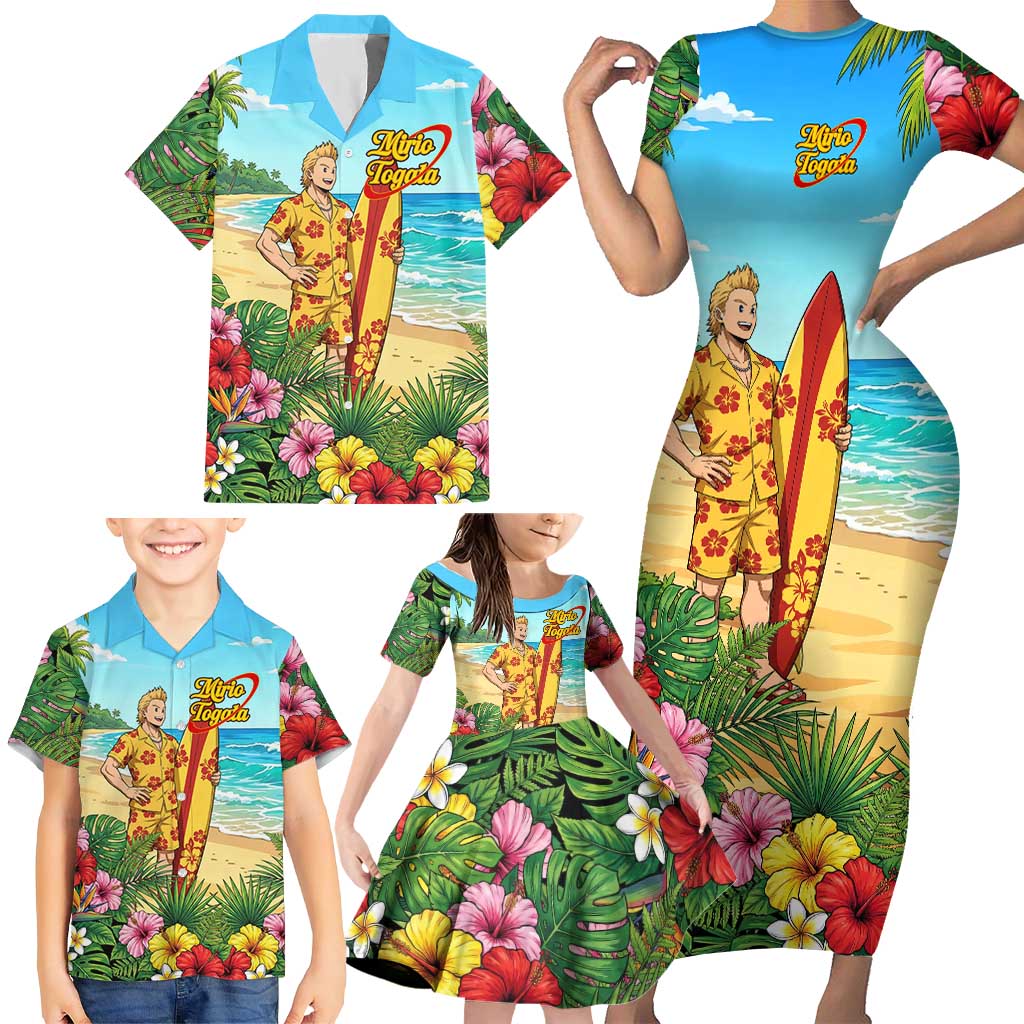Mirio Togata Summer Chill Family Matching Short Sleeve Bodycon Dress and Hawaiian Shirt Tropical Anime Surf Scene