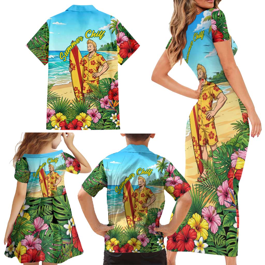 Mirio Togata Summer Chill Family Matching Short Sleeve Bodycon Dress and Hawaiian Shirt Tropical Anime Surf Scene