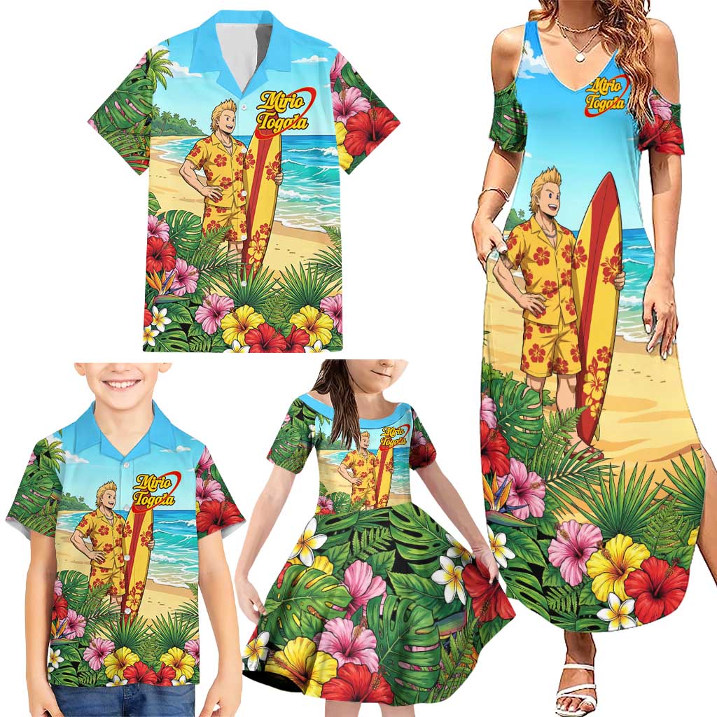 Mirio Togata Summer Chill Family Matching Summer Maxi Dress and Hawaiian Shirt Tropical Anime Surf Scene