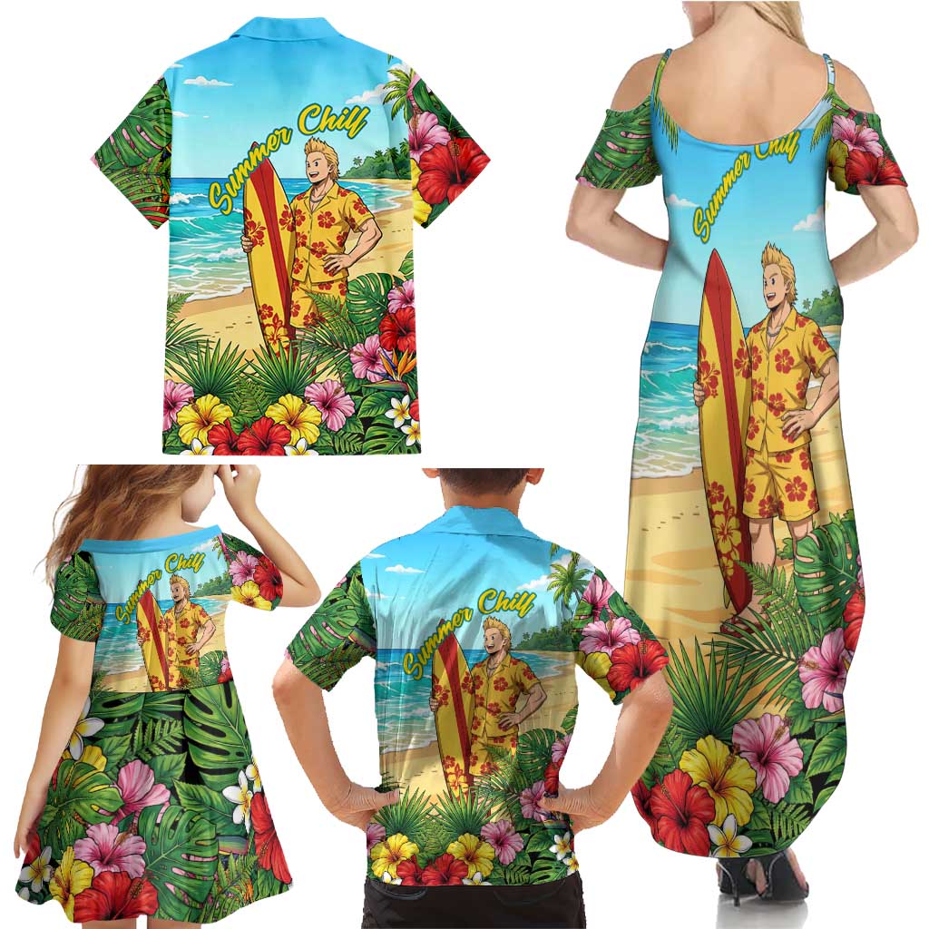 Mirio Togata Summer Chill Family Matching Summer Maxi Dress and Hawaiian Shirt Tropical Anime Surf Scene