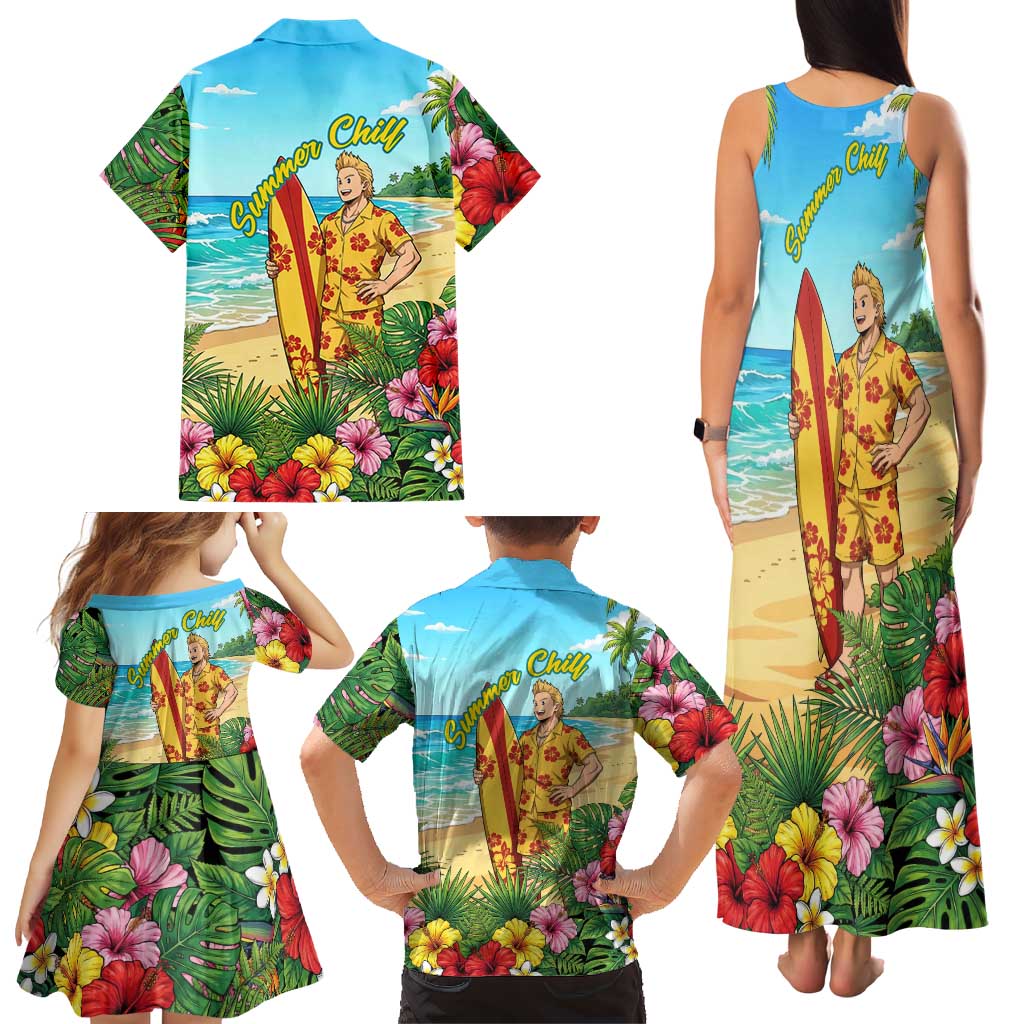 Mirio Togata Summer Chill Family Matching Tank Maxi Dress and Hawaiian Shirt Tropical Anime Surf Scene