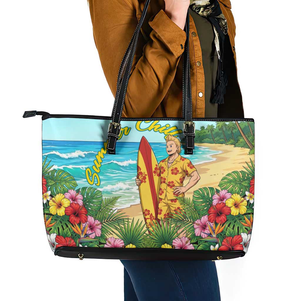 Mirio Togata Summer Chill Leather Tote Bag Tropical Anime Surf Scene
