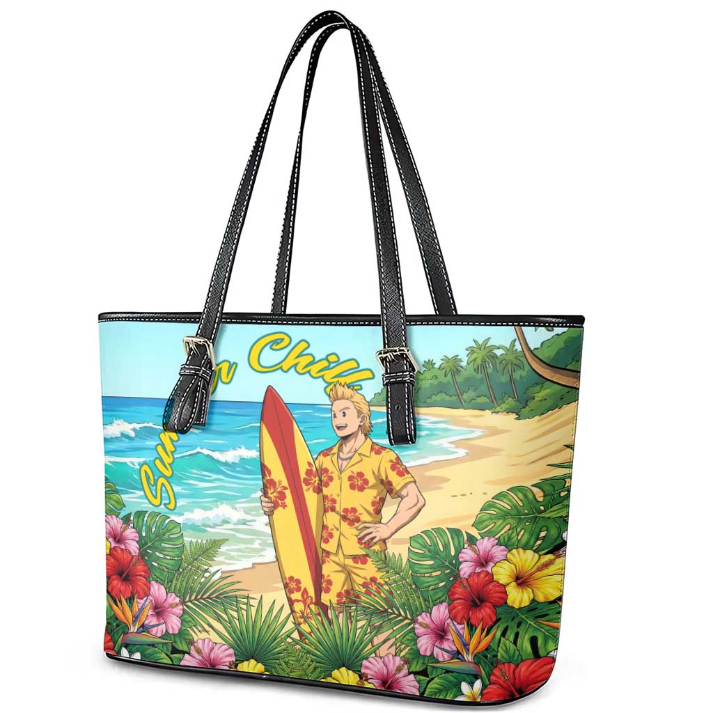 Mirio Togata Summer Chill Leather Tote Bag Tropical Anime Surf Scene
