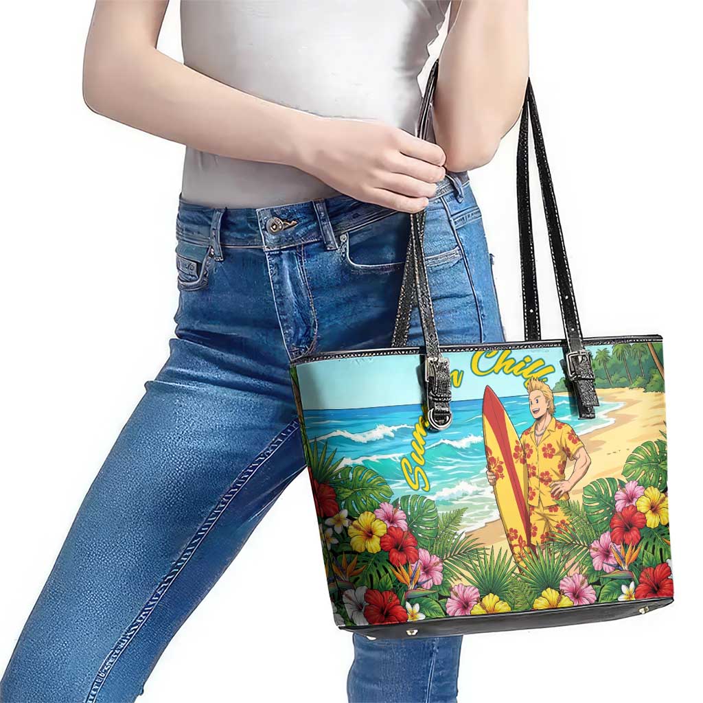 Mirio Togata Summer Chill Leather Tote Bag Tropical Anime Surf Scene