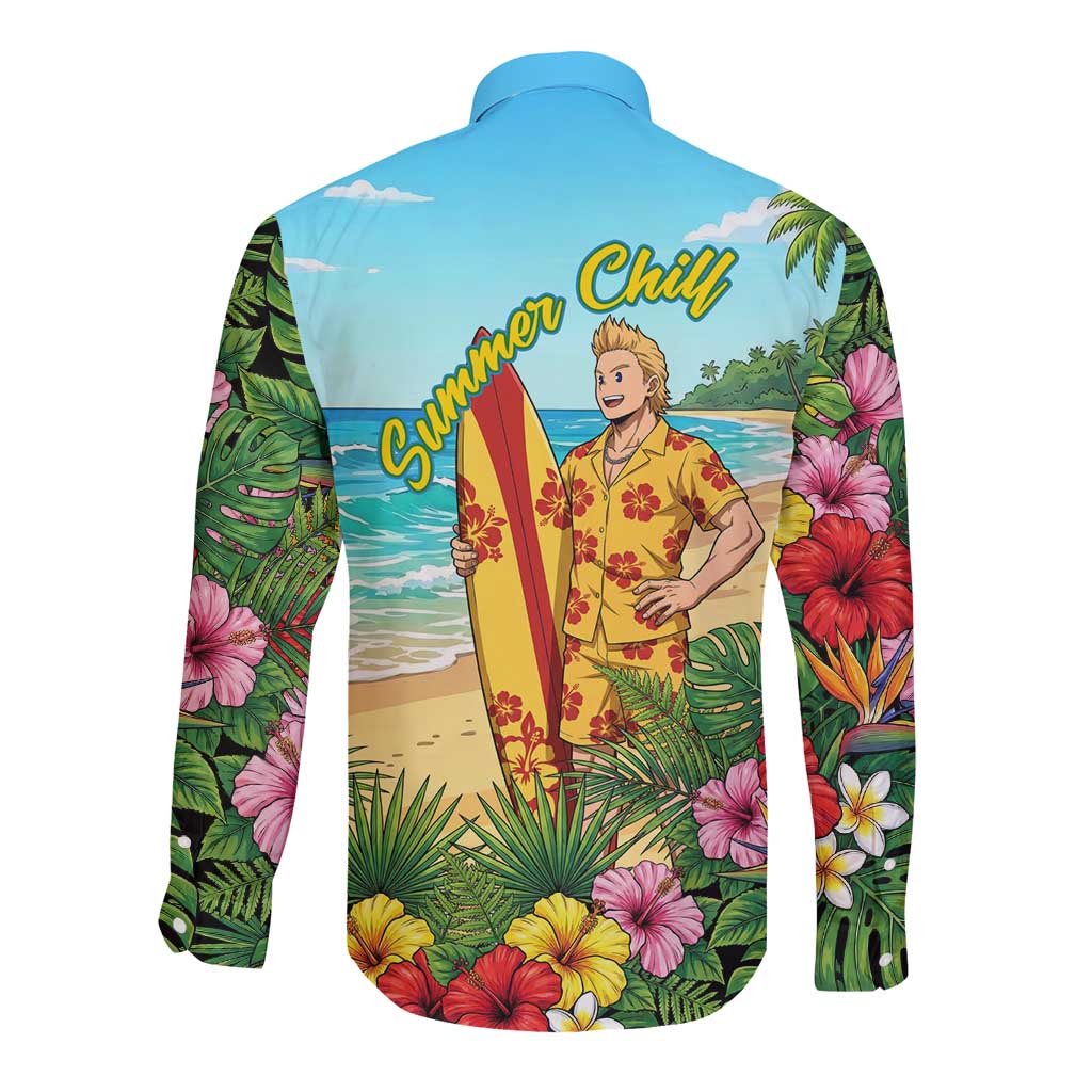 Mirio Togata Summer Chill Long Sleeve Button Shirt Tropical Anime Surf Scene
