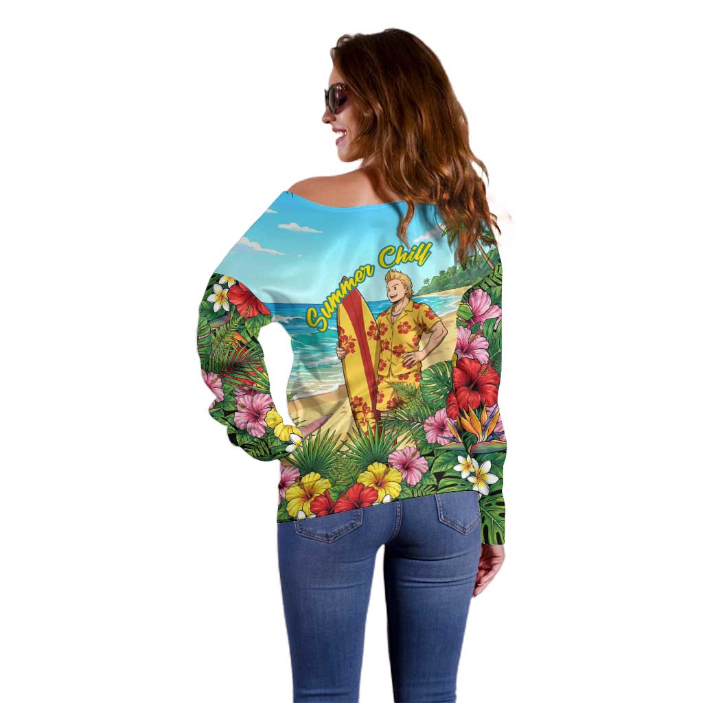 Mirio Togata Summer Chill Off Shoulder Sweater Tropical Anime Surf Scene