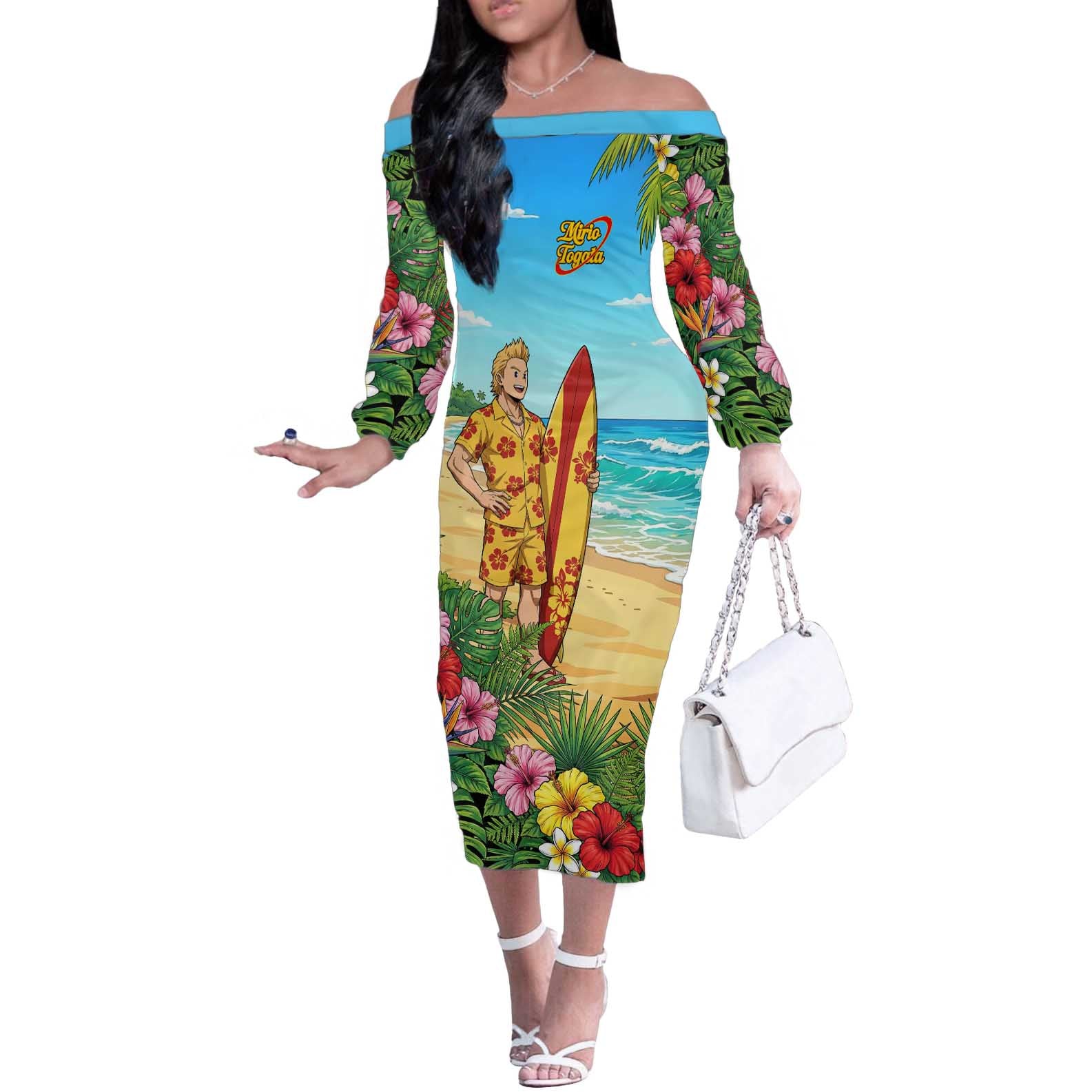 Mirio Togata Summer Chill Off The Shoulder Long Sleeve Dress Tropical Anime Surf Scene