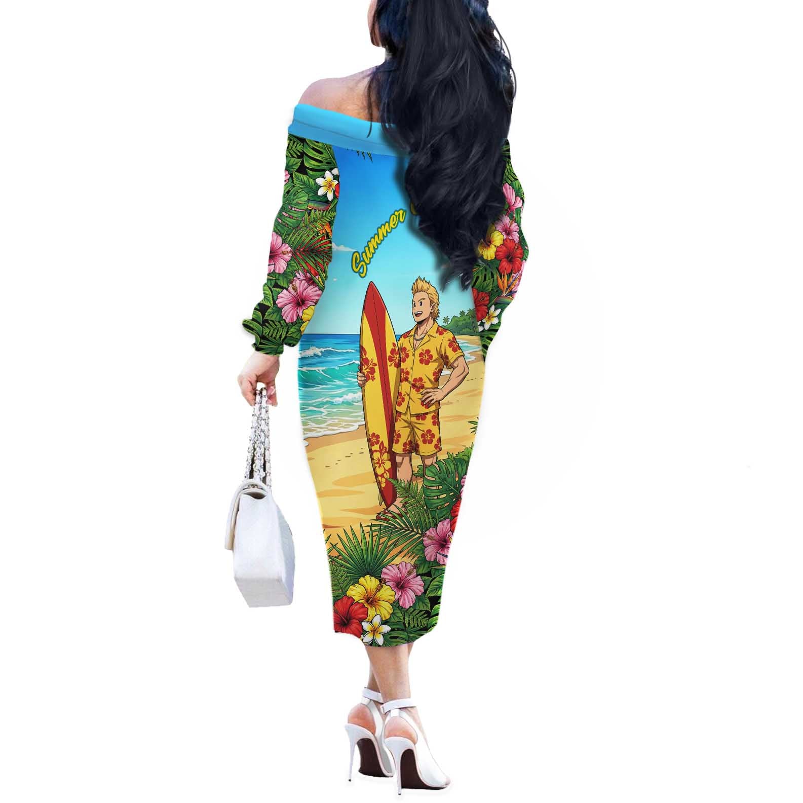 Mirio Togata Summer Chill Off The Shoulder Long Sleeve Dress Tropical Anime Surf Scene