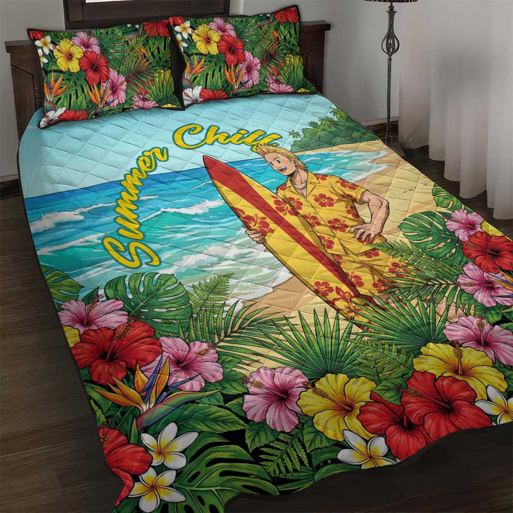 Mirio Togata Summer Chill Quilt Bed Set Tropical Anime Surf Scene