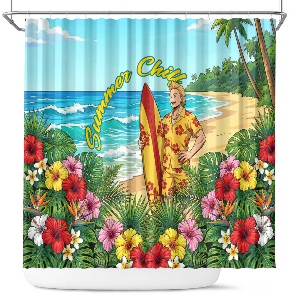 Mirio Togata Summer Chill Shower Curtain Tropical Anime Surf Scene